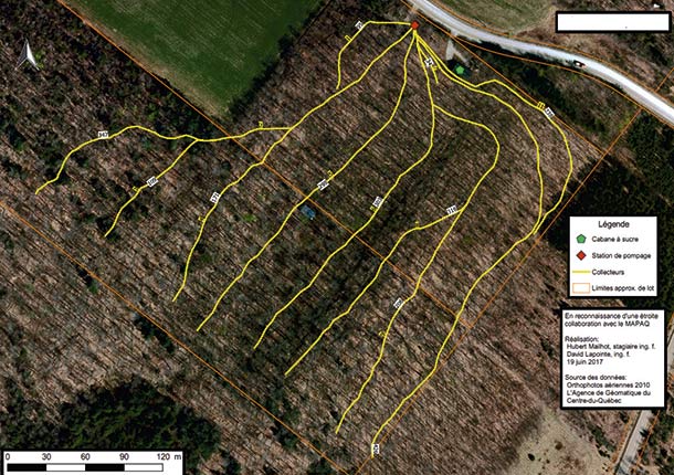 Exemple de réseau de tubulure numérisé à l’aide d’un GPS et projeté sur une photographie aérienne. Crédit photo: David Lapointe, MAPAQ