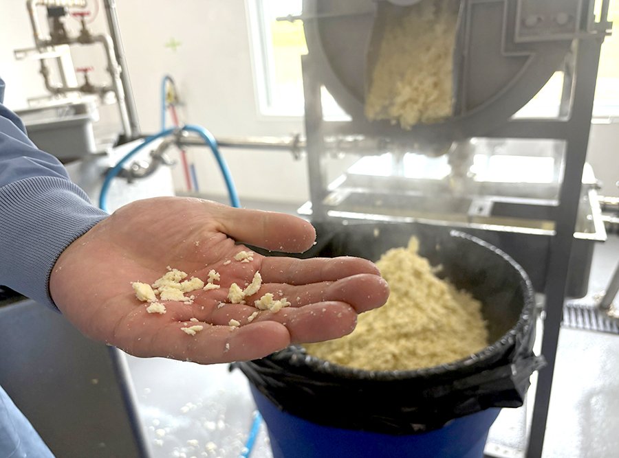 Un résidu de la transformation de soya, appelé l’okara, est une intéressante source de protéine que Nick Majeau, également producteur laitier, ajoute à la ration de ses vaches.