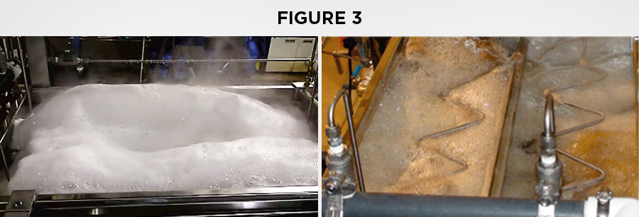 Efficacité du prototype à contrôler la mousse dans les casseroles à plis avant (gauche) et après démarrage de la circulation d’eau (droite)