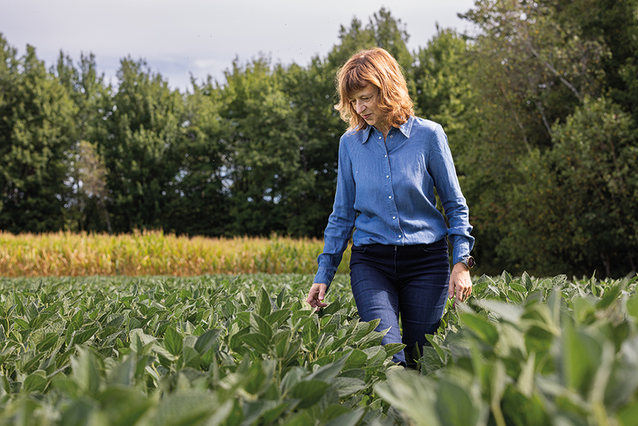 Michèle Laberge a acquis une terre pour la culture du soya et du maïs dans son village, puis une petite ferme tout près, où elle vit et où elle mène divers projets d’élevage avec ses enfants.