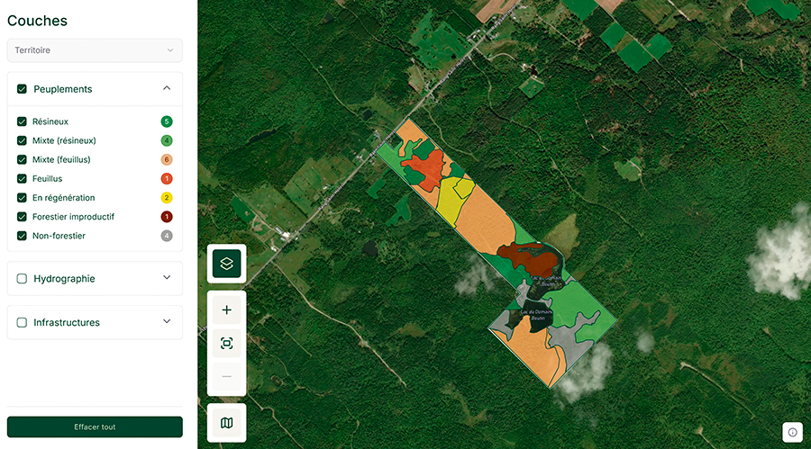 Une fois inscrit à la plateforme, le propriétaire accède à une carte interactive intuitive qui regroupe les informations forestières propres à son boisé. Photo : Gracieuseté de Forair
