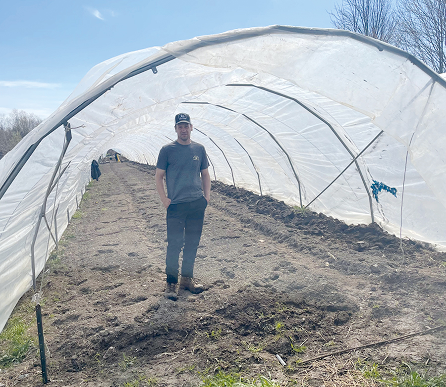 Craignant de ne jamais avoir sa commande, Guy Beauregard s’est procuré une structure d’occasion en avril pour y semer des primeurs de laitues, de mesclun, de carottes, de choux chinois, de radis et d’épinards. Finalement, il aura deux tunnels chenilles. Photo : Gracieuseté de Guy Beauregard