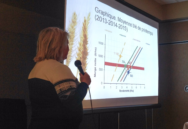 L’agronome Élisabeth Vachon a présenté les résultats d’une étude réalisée chez des producteurs québécois, qui révèlent que la culture sous régie biologique est la plus rentable pour les producteurs de blé. Crédit photo : Martin Ménard/TCN