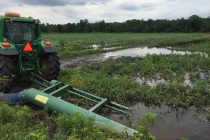 Une pompe a été attelée au tracteur afin d’évacuer l’eau vers la rivière. Photo : Myriam Laplante El Haïli/TCN