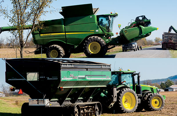 Avec plus de 1 200 ha et 190 vaches en lactation, les propriétaires de la Ferme 3V, en Ontario, ne lésinent pas sur les moyens : la moissonneuse-batteuse est équipée d’une table de 45 pieds, la plus large de John Deere. De plus, le débardeur à grains (grain cart) a une capacité de 50 tonnes. Crédit photo: Martin Ménard/TCN