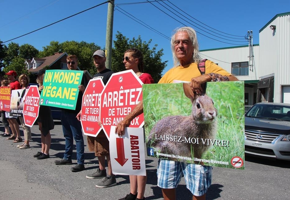 Une dizaine d’activistes se sont rassemblés devant l’Abattoir Ducharme pour protester contre toute forme d’exploitation animale. Crédit photo : Rosalie Dion/TCN