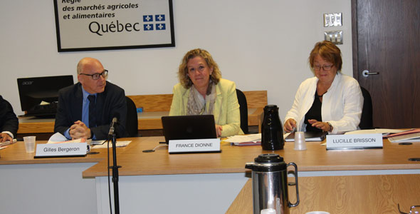 La formation de la RMAAQ chargée de statuer sur le prix du lait au détail : Gilles Bergeron, France Dionne et Lucille Brisson.