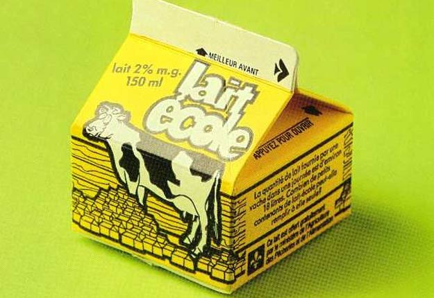 Le berlingot traditionnel du programme lait-école, distribué dans les années 70 et 80. Crédit photo : http://creativive.blogspot.com