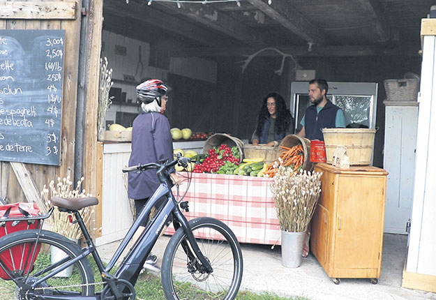 Chaque semaine, Claire Dumouchel se rend en vélo au kiosque d’Isabelle LeBlanc et Gabriel Gagnon. Photo : Maurice Gagnon