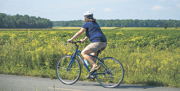 La Cycloroute de Bellechasse a été aménagée, comme plusieurs autres pistes cyclables, sur une emprise ferroviaire qui traverse des terres agricoles. Photo : Gracieuseté de Tourisme Bellechasse