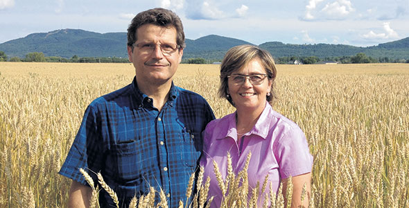 Pierre Verly et Johanne Brodeur, de la ferme L’Arôme des champs, à Bromont, l’une des rares entreprises de la province à cultiver du tournesol oléique biologique.