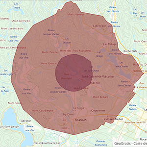 Une zone de contrôle primaire (en rose pâle) a été érigée autour de la zone infectée (en rose foncé), à Saint-Gabriel-de-Valcartier, où trois élevages de dindons ont été déclarés positifs à la grippe aviaire de la souche H5N1. Photo : photo : Agence canadienne d’inspection des aliments
