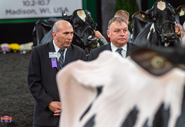 Richard Landry, de Sainte-Brigitte-des-Saults, et Pierre Boulet, de Montmagny, ont été respectivement juge associé et juge officiel pour la race Holstein noir et blanc à la World Dairy Expo, de Madison. Photos : The Bullvine
