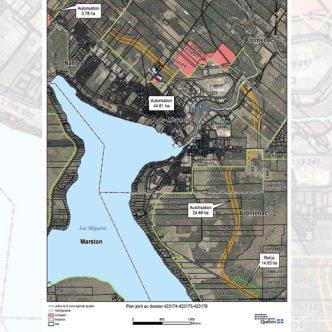 En jaune, le tracé de la voie de contournement du centre-ville de Lac-Mégantic, présentée à la CPTAQ en novembre 2020. Photo : CPTAQ