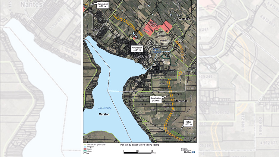 En jaune, le tracé de la voie de contournement du centre-ville de Lac-Mégantic, présentée à la CPTAQ en novembre 2020. Photo : CPTAQ