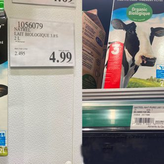 Le prix du lait bio varie beaucoup d’une bannière à l’autre. Par exemple, le 26 janvier, le lait bio Natrel à 3,8 %, en format de 2 litres, était à 4,99 $ chez Costco, alors que le même produit était à 7,99 $ chez IGA. Photo : Martin Ménard / TCN