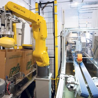 En alliant l’imagerie 3D à l’intelligence artificielle, Génik a robotisé un centre d’emballage pour produits maraîchers. Photo : Gracieuseté de Génik inc.