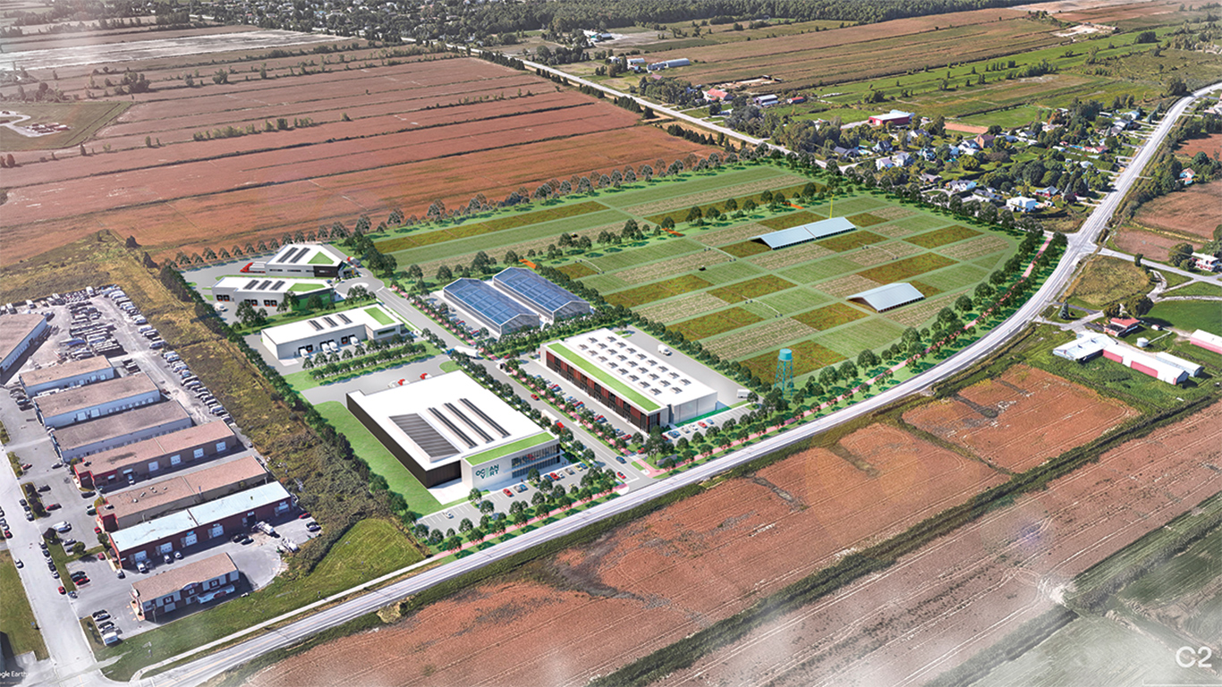Vue aérienne du développement de la Zone Agtech, à Repentigny, où un premier édifice de condos industriels a été inauguré à l’automne 2023. Photos : Gracieuseté de Marilou Cyr