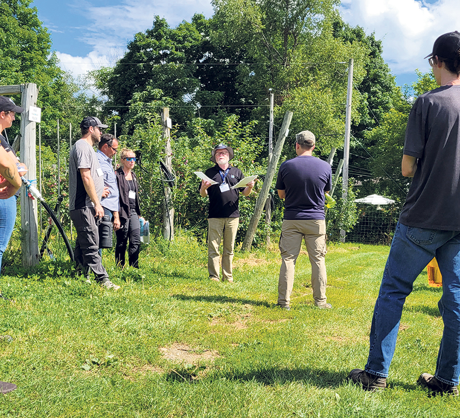 Vincent Philion (centre) au travail au verger de l’IRDA à Saint-Bruno-de-Montarville. Photo : IRDA